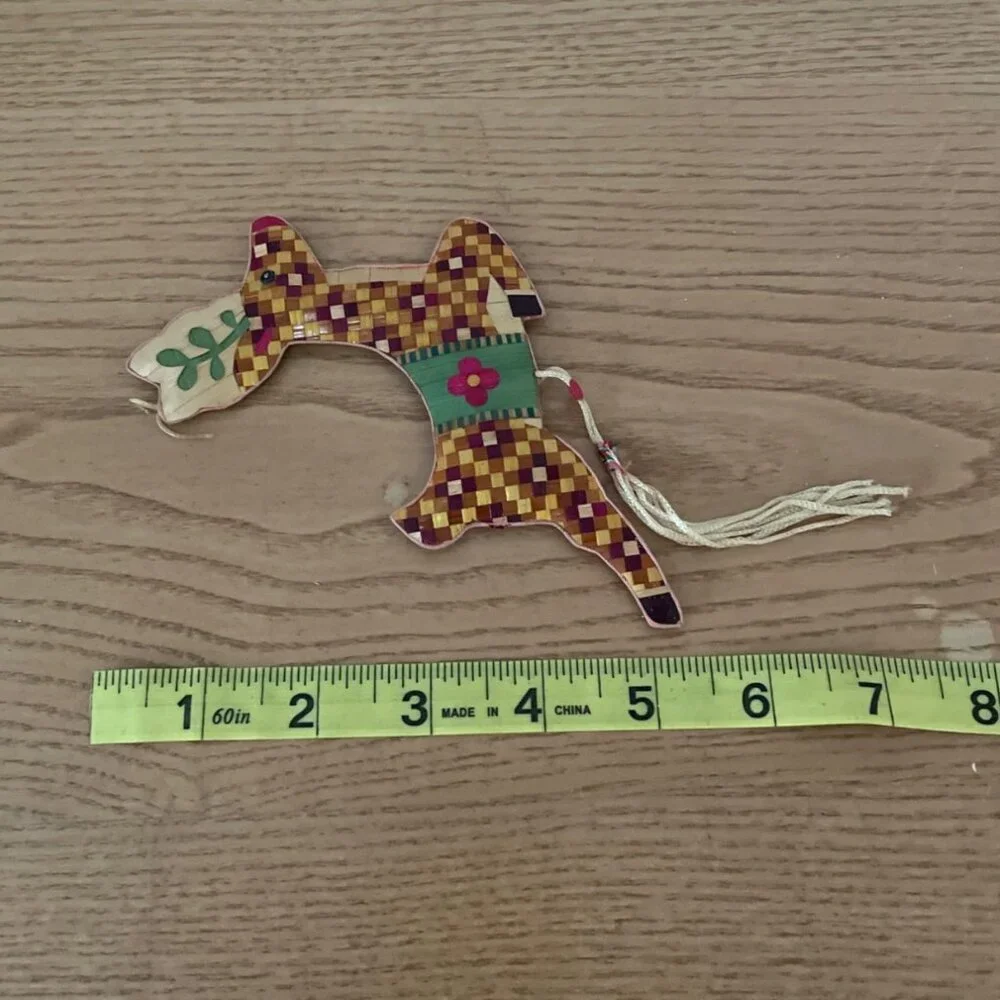 Vintage Woven Bamboo Reindeer Christmas Ornament With Tassel Handcrafted 5.5 In.